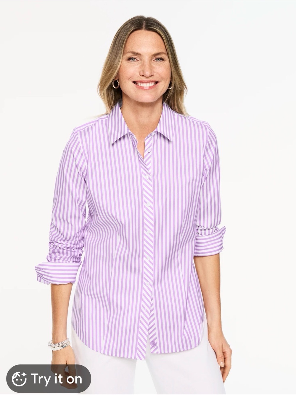 Talbots Women’s Size 2 No Iron Purple White Striped Button Up Shirt